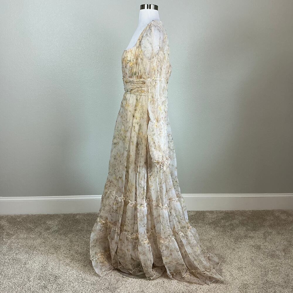 Mac Duggal 68288 Cream Evening Gown Floral Chiffon Long Sleeve Dress Size 10 - Picture 6 of 11